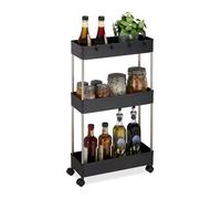 Relaxdays Meuble Polyvalent à roulettes, 70x15,5x40,5 cm, Plastique, Acier Inoxydable, 4 Crochets, 3 étagères, Noir