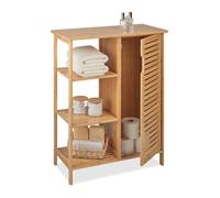 Relaxdays Meuble salle de bain bambou, 3 étagères & compartiment, HxLxP: 87,5 x 67 x 33 cm, rangement avec porte, nature