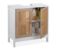 Relaxdays Meuble sous lavabo, 60 cm de Large, 2 Compartiments, Espace tuyauterie, Portes Effet rotin, Blanc/Naturel