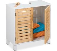 Relaxdays Meuble sous-lavabo avec 2 Portes, HxLxP : 60x60x32 cm, Bambou & MDF, Rangement Salle de Bain, Blanc - Nature