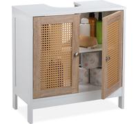 Relaxdays Meuble sous lavabo, 60 cm de Large, 2 Compartiments, Espace tuyauterie, Portes Effet rotin, Blanc/Naturel