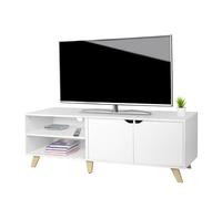 Relaxdays Meuble TV, 6 Compartiments, pour TV jusqu'à 60 Pouces, H x L x P : 50 x 140 x 40 cm, Passe-câbles, Blanc