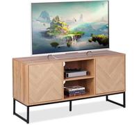 Relaxdays Meuble TV au Design rétro, HLP : 60x120x38 cm, Effet Bois, Cadre en métal, 4 Compartiments, Brun Clair/Noir