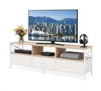 Relaxdays Meuble TV Bas, 3 tiroirs et rangements, MDF, métal, Naturel/Blanc