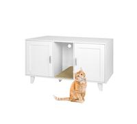 Relaxdays Meuble pour litière XXL avec 2 Compartiments, Niche pour Chat, Tapis, 65x120x52 cm, Blanc