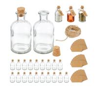 Relaxdays Mini Bouteilles, Lot de 24, Petites fioles, Bouchon de liège, 125ml, à remplir, étiquettes, Transparent/Nature