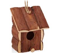 Relaxdays Mini Maison d’Oiseau, Déco pour Suspendre, Bois Non traité, Balcon, Petite maisonnette, 16,5x12x9,5cm, Naturel