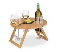 Relaxdays Mini-table portative ronde pliante, HxD : 22x39 cm, encoches pour 4 verres de vin 1 bouteille, bambou, nature