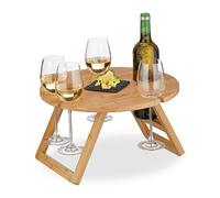 Relaxdays Mini-Table portative Ronde Pliante, HxD : 22x39 cm, encoches pour 4 Verres de vin 1 Bouteille, Bambou, Nature