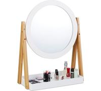 relaxdays, blanc cosmétique, rotatif, avec rangement pour maquillage, miroir de table ∅ 32,5 cm, bambou, naturel, MDF, verre, 57 x 43 x 22 cm