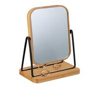 Relaxdays Miroir de Table, Rotatif à 360°, HxL: 18x12 cm, Cadre en Bambou, Support en métal, Coiffeuse, Naturel/Noir