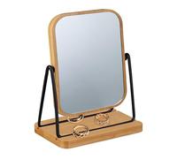 Relaxdays Miroir de Table, Rotatif à 360°, HxL: 18x12 cm, Cadre en Bambou, Support en métal, Coiffeuse, Naturel/Noir