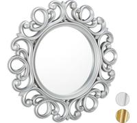Relaxdays 10025533_55 Miroir rond, Décoration murale pour toutes les pièces, avec cadre, Ornement, ∅ 50 cm, argenté, PP, verre, carton, 50 x 50 x 3 cm