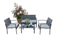 Relaxdays mobilier Jardin 4 pcs, rotin synthétique, Gris, Banquette 2p, 2 fauteuils, Table Verre, 4 Places