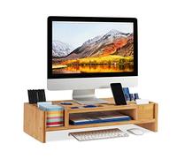 Relaxdays Support de moniteur, Support d’écran bambou, 14 compartiments, Rehausseur ergonomique, HLP 15x65x28cm, naturel -