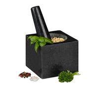 Relaxdays Mortier carré en granit avec pilon, robuste, épices, herbes, d. 250ml, 9,5x11x11 cm mortier pierre polie, gris