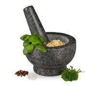 Relaxdays Mortier en granit avec pilon, robuste, pour épices, herbes, mortier en pierre polie, d. 13 cm, 250 ml, gris