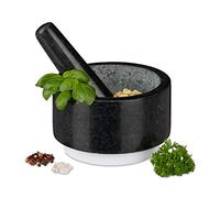 Relaxdays Mortier en granit avec pilon, robuste, épices, herbes, antidérapant, pierre polie, d. 14 cm,400ml,gris/blanc