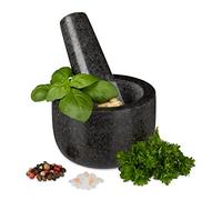 Relaxdays Mortier en granit avec pilon, robuste, pour épices, herbes, mortier en pierre polie, d. 8,5 cm, 400 ml, gris