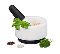 Relaxdays Mortier et pilon, en granit, Silicone, longue vie, massif épices et herbes,broyeur en pierre D14 cm, blanc