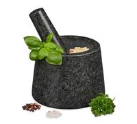 Relaxdays Mortier et pilon, en granit, poli, longue vie, pour épices et herbes, broyeur en pierre D 13,5 cm gris foncé