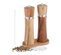 Relaxdays Moulin à sel et Poivre, Lot de 2, Manuel, Support, broyeur en céramique, Bois d'acacia, INOX, Marron/Argent