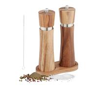 Relaxdays Moulin à sel et Poivre, Lot de 2, Manuel, Support, broyeur en céramique, Bois d'acacia, INOX, Marron/Argent