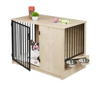 Relaxdays Niche d'intérieur pour Chien, 65,5 x 102 x 60 cm, Cage avec 2 gamelles pivotantes, MDF et Acier, Aspect Bois, Gris/Noir, 30% 50% Fibres et 20% Acier Inoxydable