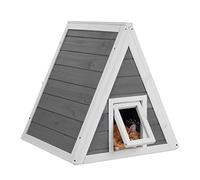 Relaxdays Niche pour Chats, résistante aux intempéries, Bois, HxLxP: 54 x 52 x 64 cm, 2 entrées, Toit Pointu, Gris/Blanc