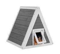 Relaxdays Niche pour Chats, résistante aux intempéries, Bois, HxLxP: 54 x 52 x 64 cm, 2 entrées, Toit Pointu, Gris/Blanc