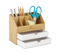 Organisateur de Bureau Relaxdays, tiroirs & Compartiments, 19 x 24 x 14 cm, Bambou & MDF, Rangement, Bois/Blanc