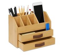 Organiseur de Bureau Relaxdays, tiroirs & Compartiments, HxlxP 19x24x14 cm, Bambou/MDF, Naturel/Marron