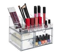 Relaxdays Organiseur à maquillage, 14 compartiments & 3 tiroirs, vernis, crayons à lèvres, plastique, transparent