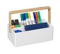 Relaxdays Organiseur à poignée, 4 Compartiments, Portable, Rangement, Anse Bambou, trieur, HxLxP : 8,5x26x16 cm, Blanc