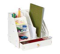 Relaxdays Organiseur bureau, 3 porte-documents, 3 étagères, 2 porte-stylos, 1 tiroir, école, DIY, MDF, blanc