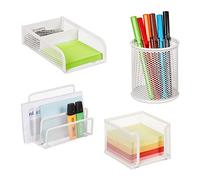 Relaxdays Organiseur Bureau, 4 pièces, métal, Porte-Documents, Compartiment pour Notes, Porte-Trombones et stylos, Blanc