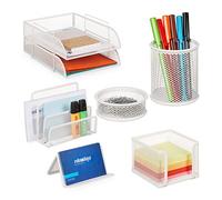 Relaxdays Organiseur Bureau 7 pièces, métal, Range-Documents, Lettres, Range-Notes, Porte-stylos, Range-Trombones, Blanc