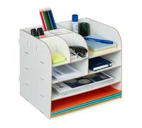 Relaxdays Organiseur Bureau avec étagères Documents, 10 Compartiments, HxLxP: 27,5 x 32,5 x 25 cm, Rangement MDF, Blanc