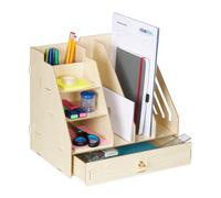 Relaxdays Organiseur bureau, 3 porte-documents, 3 étagères, 2 porte-stylos, 1 tiroir, DIY, MDF, marron clair