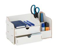 Relaxdays Organiseur de bureau, Porte-stylos tiroirs & compartiments, HxLxP: 17 x 33 x 19 cm, Rangement blanc