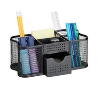 Relaxdays Organiseur Bureau, Rangement avec Porte-stylos & tiroir, métal, H x L x P : 10 x 23,5 x 11,5 cm, Noir