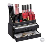 Relaxdays Organiseur cosmétique, 2 pièces, avec Coffret Bijoux,3 tiroirs, en Plastique, HlP 18,5x23,5x5 cm,Noir/doré