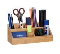 relaxdays Organiseur de Bureau, Porte-stylos en Bambou carré, 10 Compartiments, Design Moderne, 9,5 x 23 x 9 cm, Nature