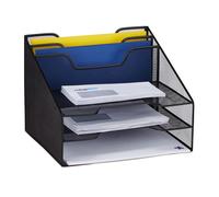 Relaxdays 10028951_46 Rangement, organiseur de table avec 5 compartiments, porte-documents, Mesh, 24x32x29 cm, noir, acier, 1 Support
