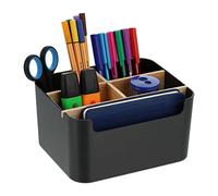 Relaxdays Organiseur de Bureau, 5 Compartiments, Plastique et Bois, Moderne, HxLxP : 9,5 x 18 x 15 cm, Noir