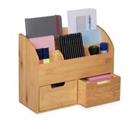 Relaxdays Organiseur de bureau, 6 compartiments, 2 tiroirs, fournitures, bambou, rangement, 26 x 33 x 13,5 cm, nature