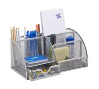Relaxdays 10022481_55 Organiseur de Bureau stylos Lettres Porte Bloc-Notes Maille métal 6 casiers, argenté, Silber, 12,5 x 27,5 x 14 cm