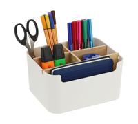 Relaxdays Organiseur de Bureau, 5 Compartiments, Plastique et Bois, Moderne, HxLxP : 9,5 x 18 x 15 cm, Blanc