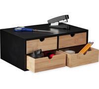 Relaxdays Organisateur Bureau, 4 tiroirs, Bambou & MDF, Rangement pour Fournitures, HxLxP : 13,5x33x21 cm, Nature - Noir