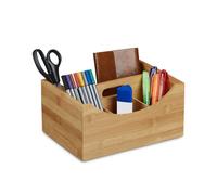 Relaxdays Organiseur de bureau en bambou, Pot à crayons, 4 compartiments, poignée, bois naturel Grain, taille : ca 12 x 25 x 18 cm, Marron naturel